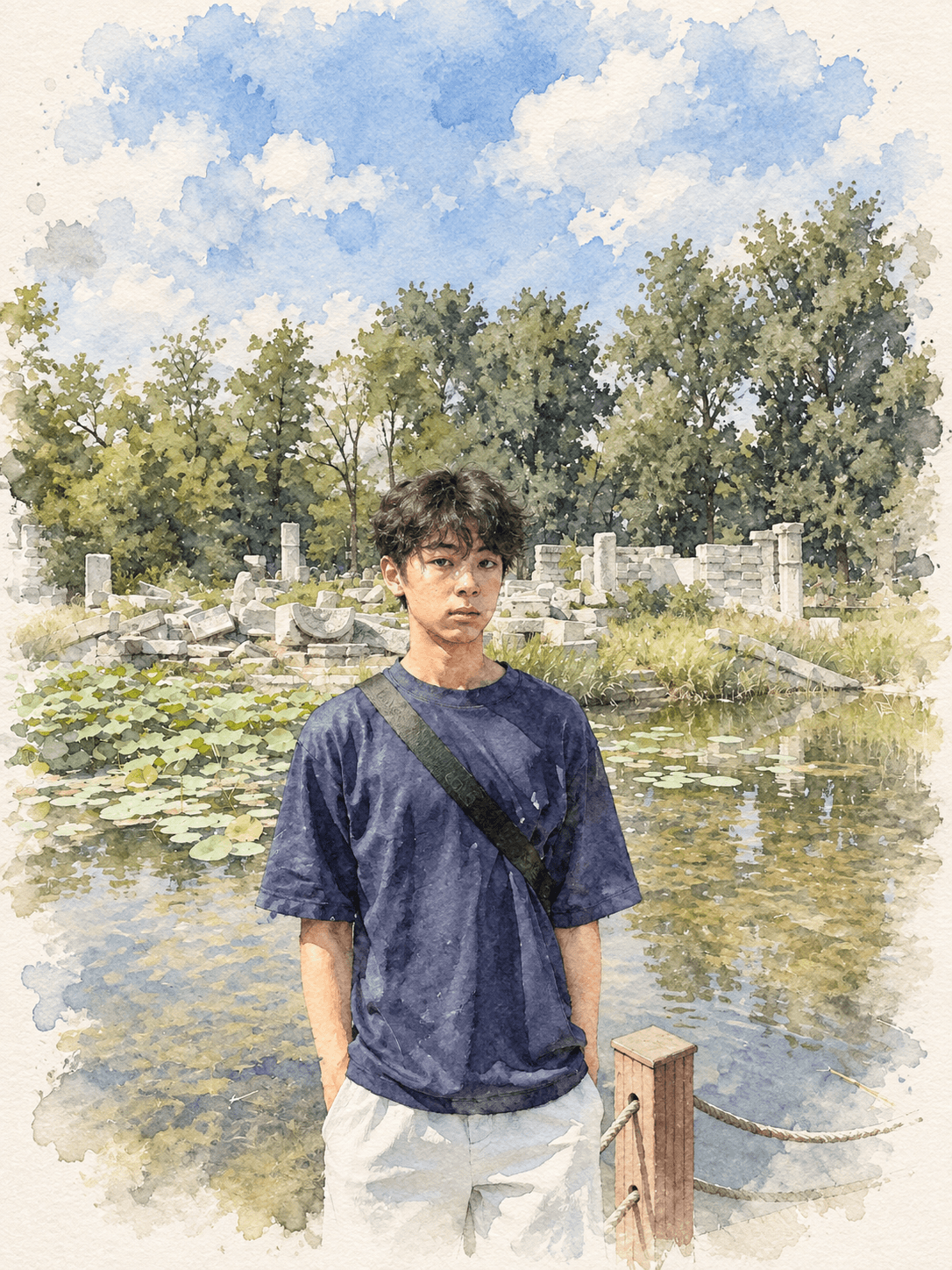 Leo beside a pond and ruins in Beijing